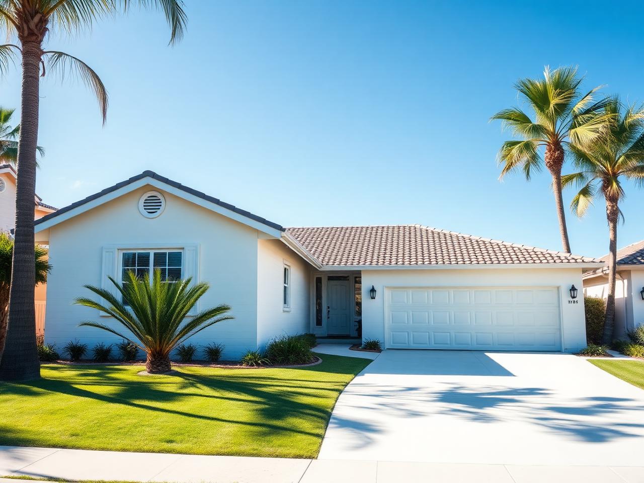 Bright coastal Southern California home with a freshly cleaned driveway